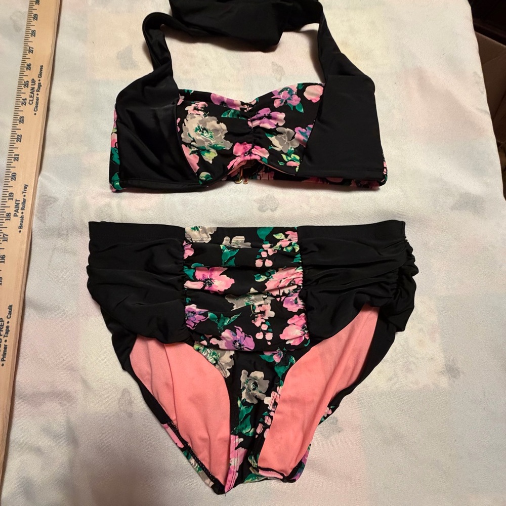 Adore‎ Me Black Floral Halter Bikini with Pink Accents
